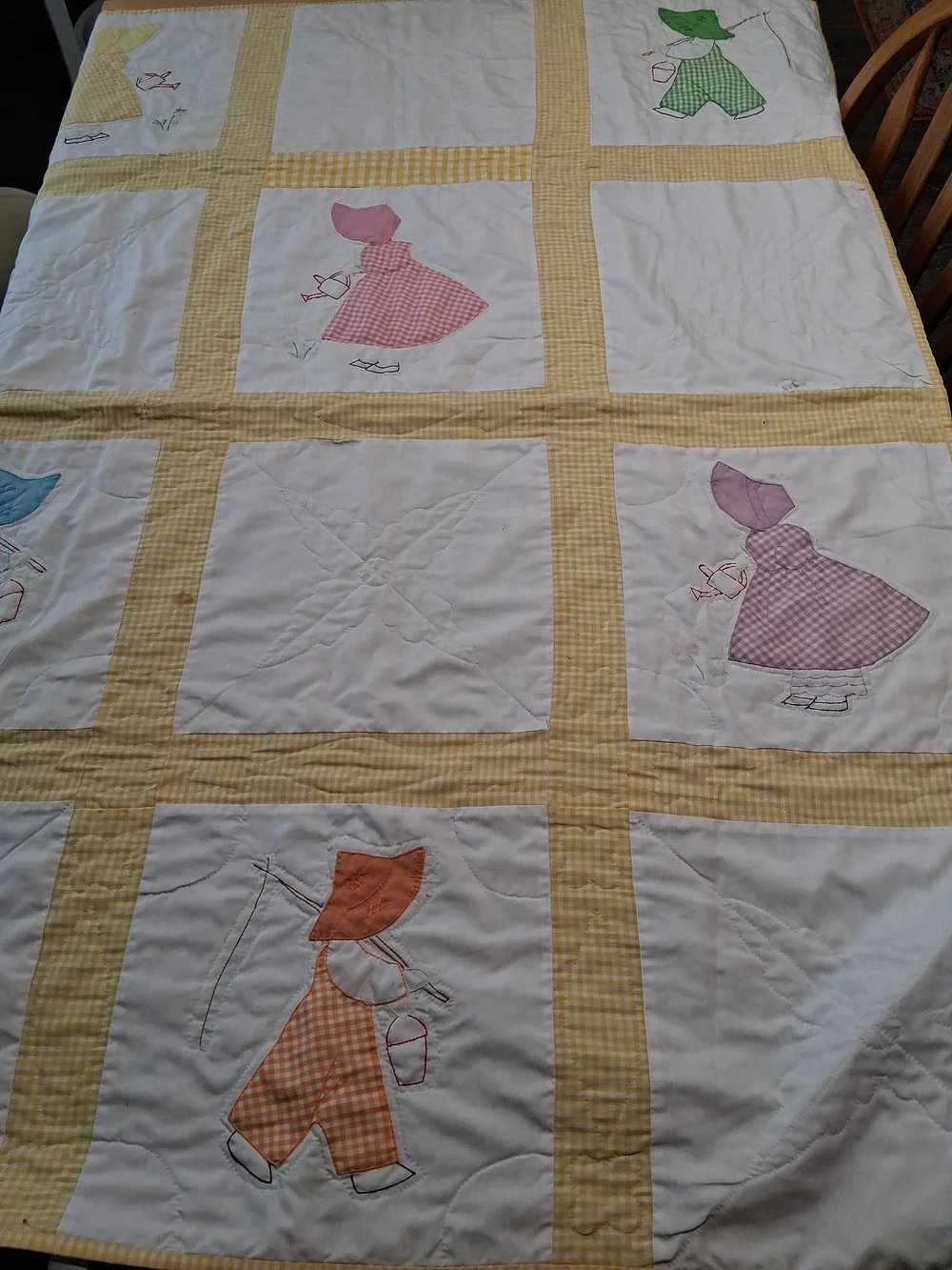 4 Handmade Vintage Embroidered Baby Quilts -2 Bambi, Sunbonnet Sue Applique...